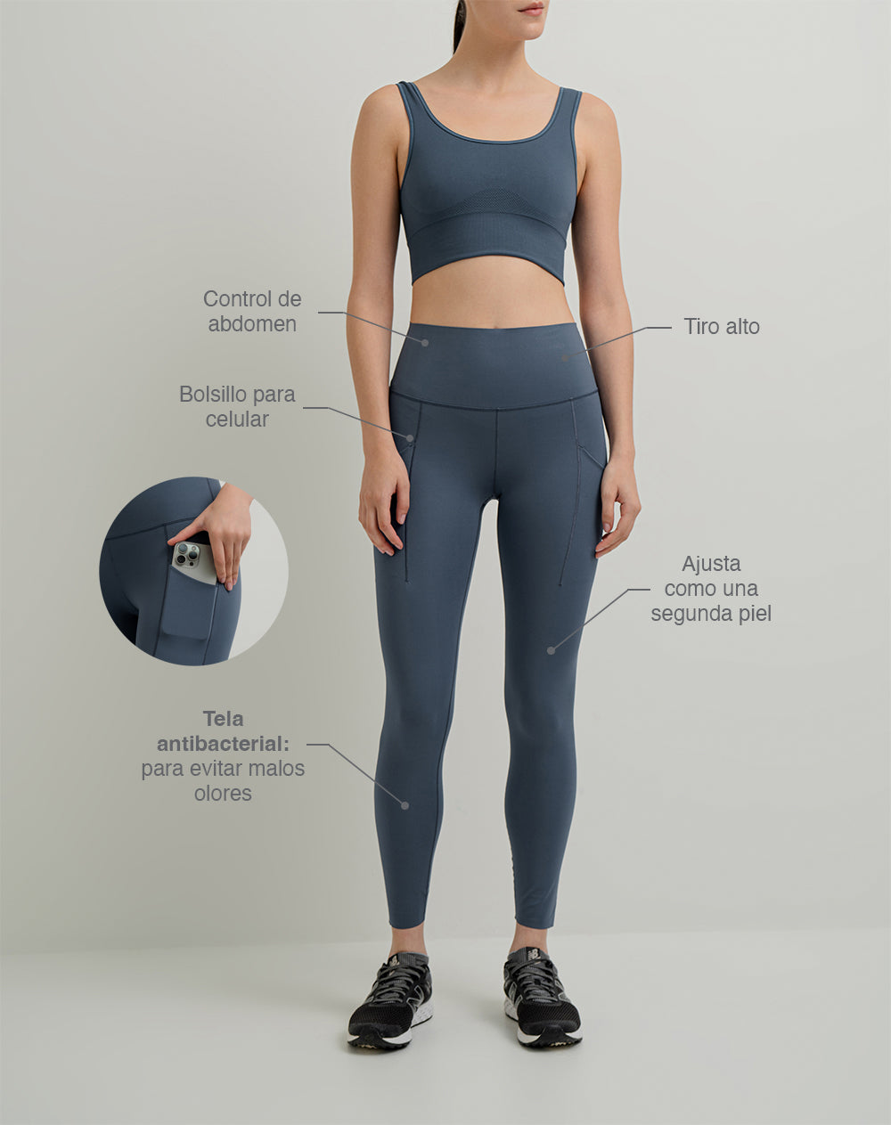 Legging deportivo control abdomen azul para mujer