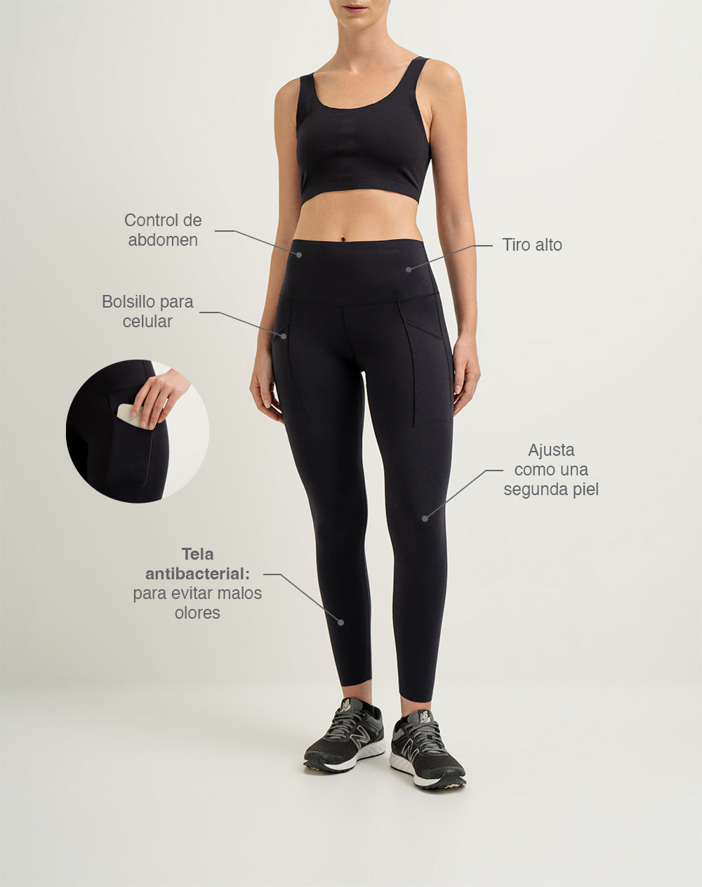 Legging deportivo control abdomen negro para mujer
