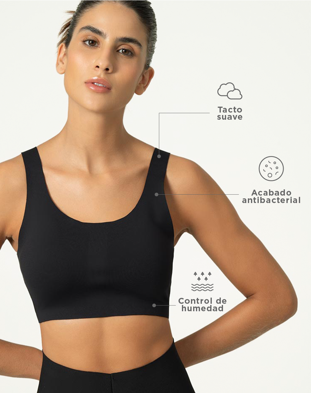 Top deportivo soporte medio sin costura copas removibles negro