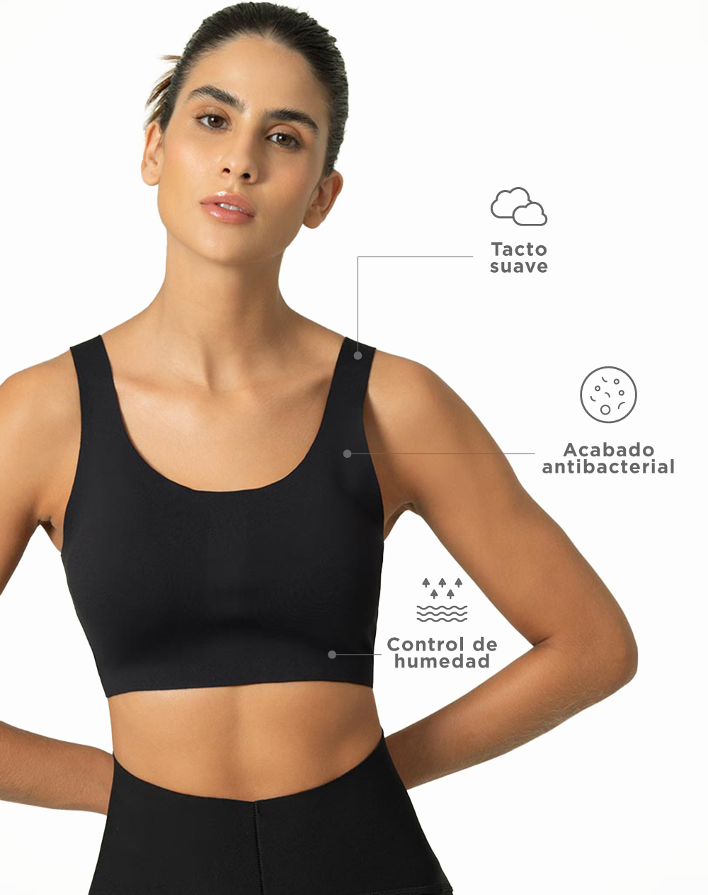 Top deportivo soporte medio pocas costuras copas removibles negro