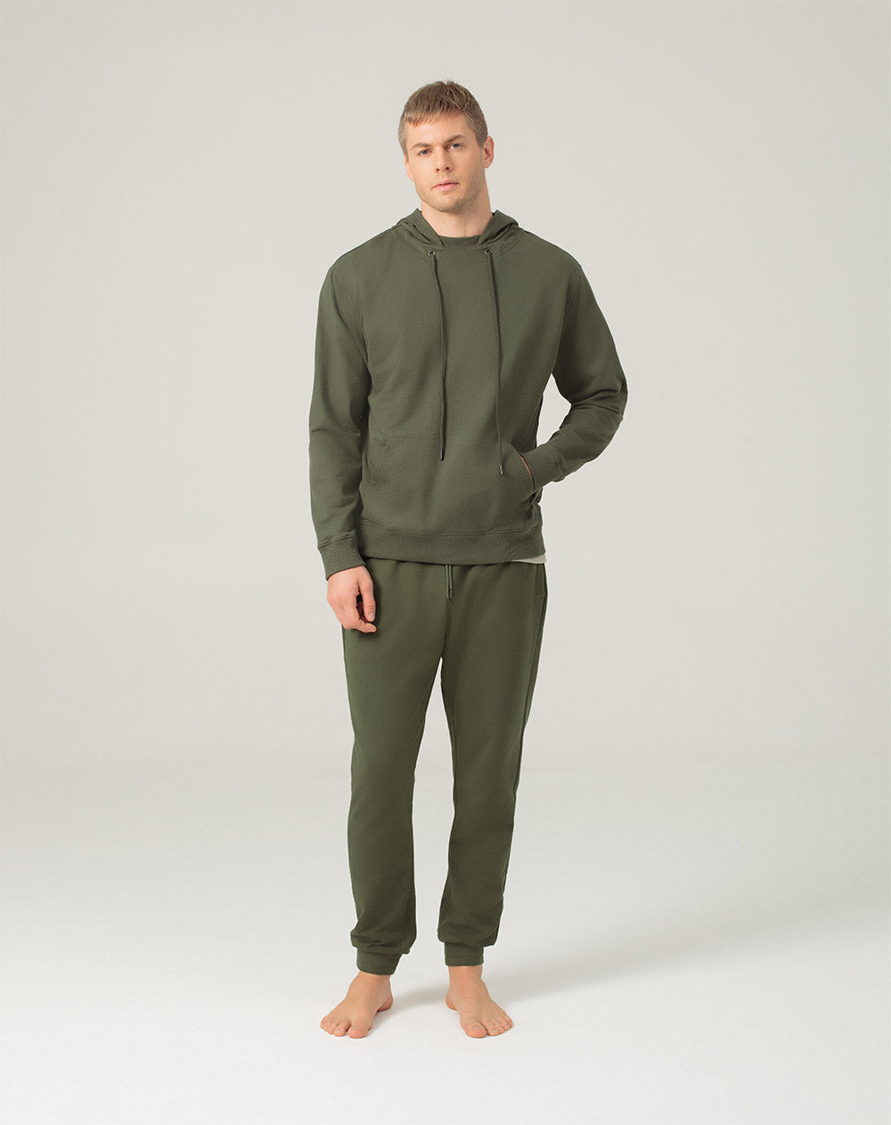 Buzo en algodón sostenible bolsillo frontal y capucha verde para hombre