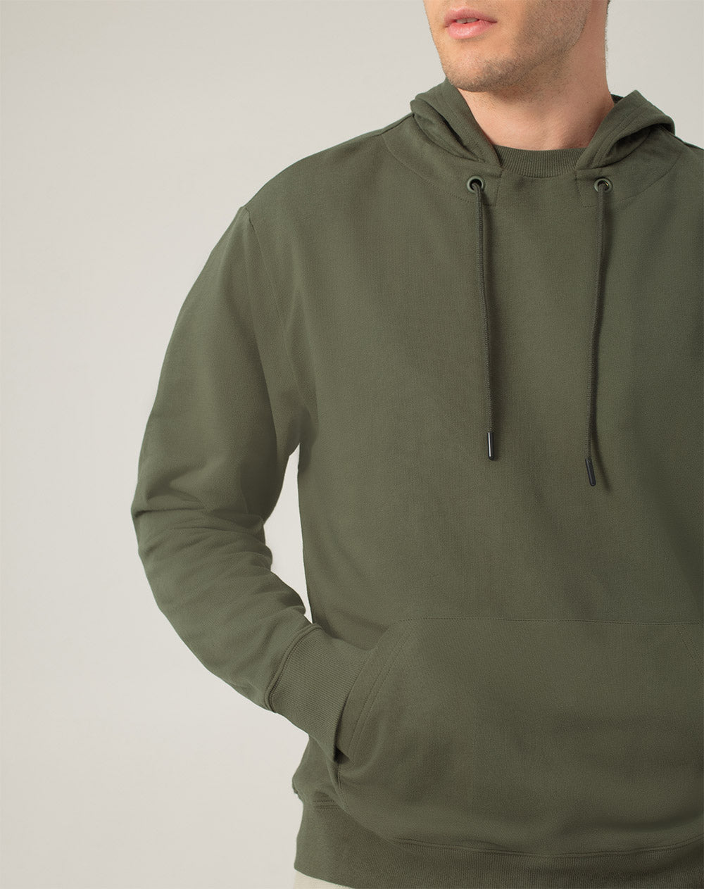 Buzo en algodón sostenible bolsillo frontal y capucha verde para hombre