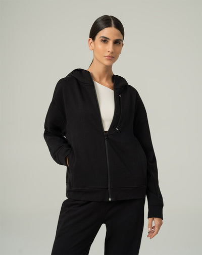 Chaqueta algodón sostenible con capucha negra para mujer
