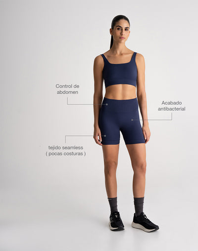 Biker deportivo tiro alto seamless control abdomen azul mujer