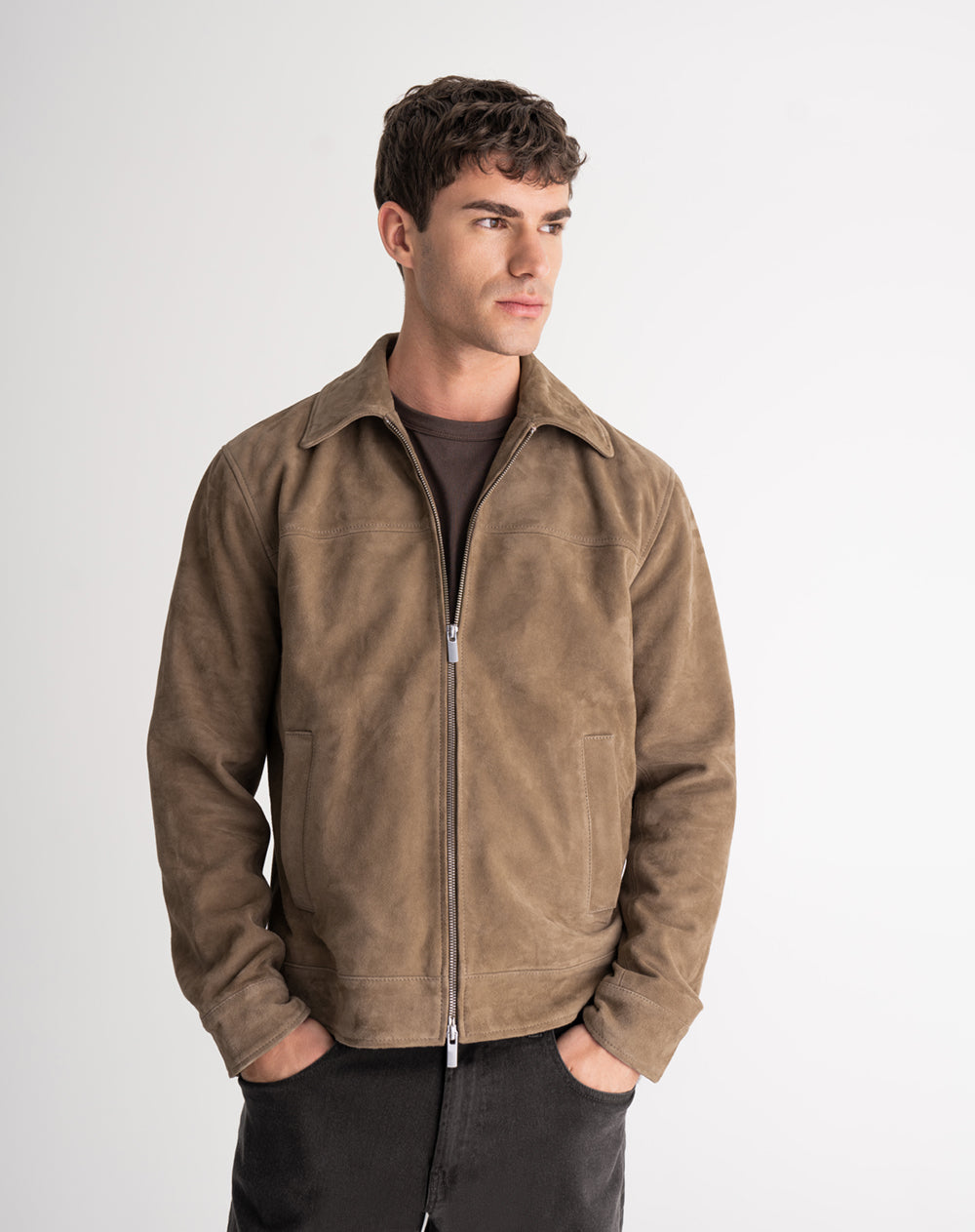 Chaqueta regular cuero café hombre
