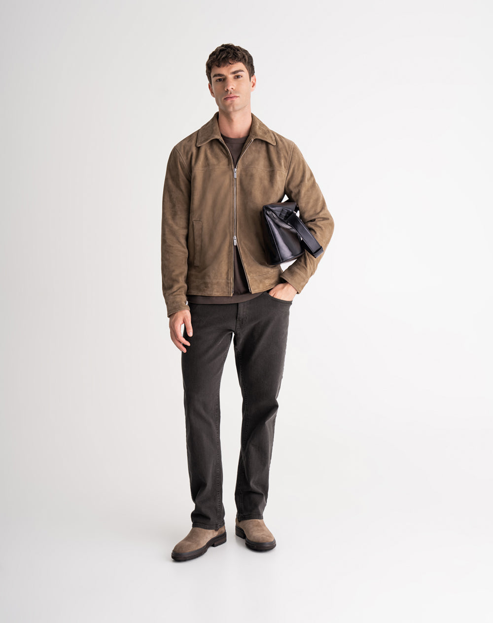 Chaqueta regular cuero café hombre