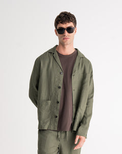 Camisa manga larga regular lino verde hombre