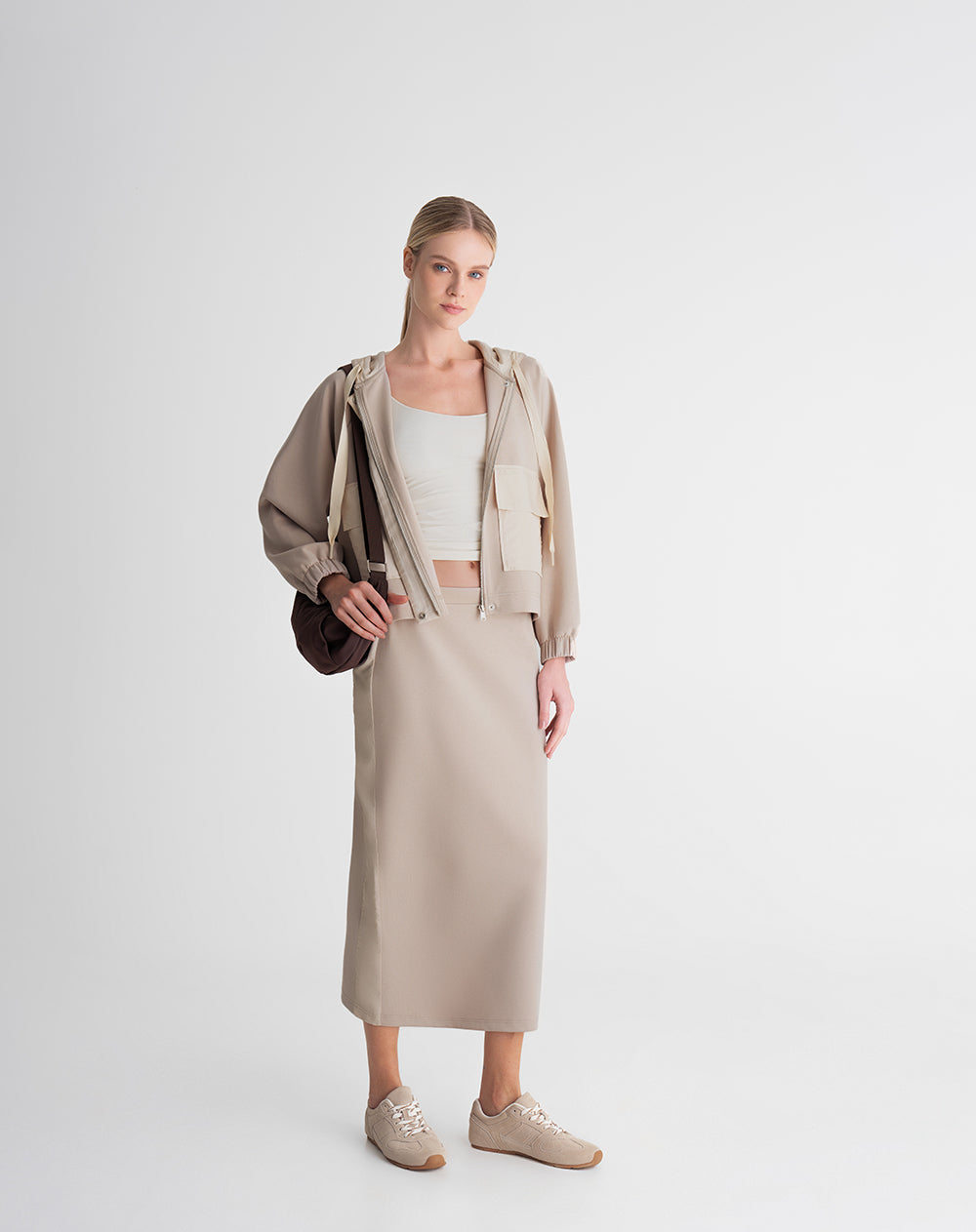 Falda midi tacto suave caqui mujer