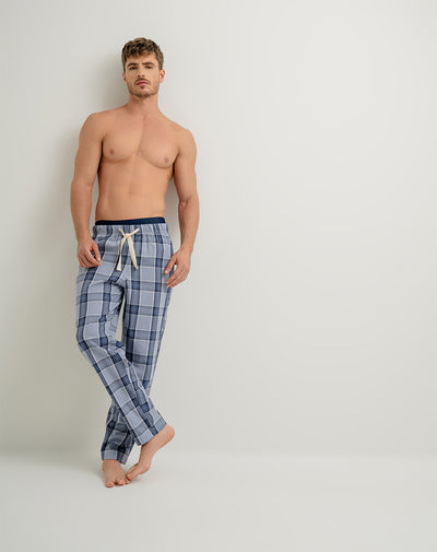 Pantalón de pijama hombre algodón largo azul cuadros