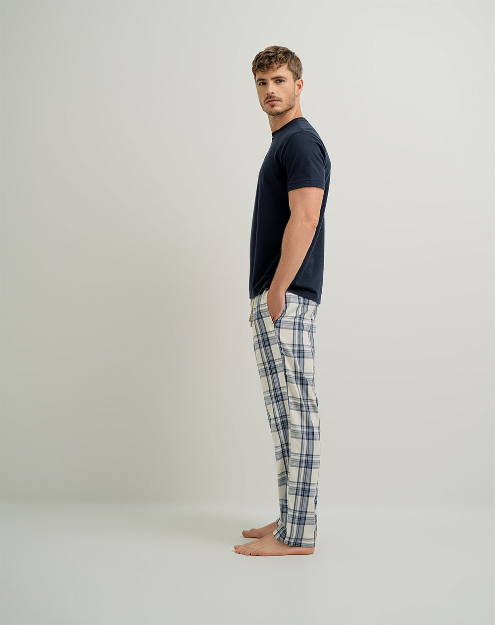 Pantalón de pijama hombre algodón largo habano cuadros