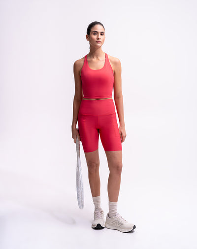 Biker deportivo tiro alto control abdomen rojo mujer